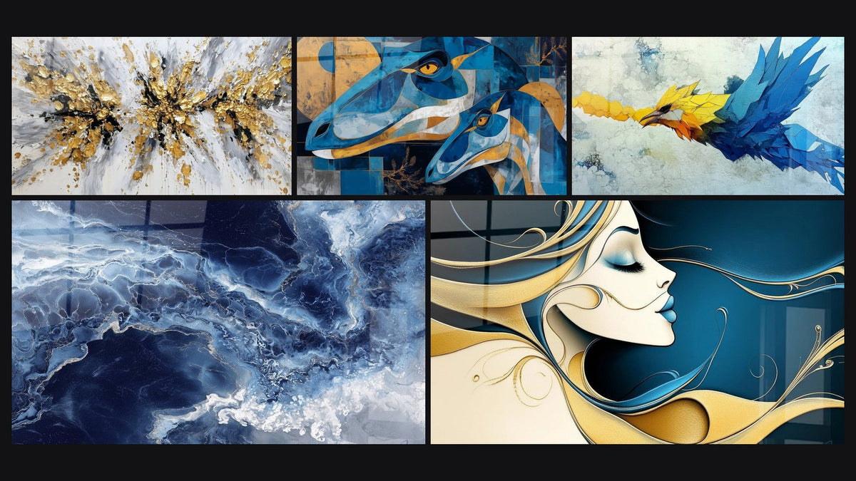 Mosaico di cinque quadri, tra cui Sfumature Blu e Venature Dorate Fluide, Di dinosauri astratti e Con pappagallo in volo