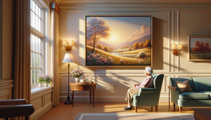 Tableau aux couleurs douces et contrastes adaptés dans une résidence pour personnes âgées, scène champêtre apaisante