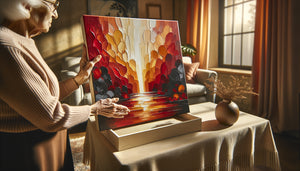 Personne senior tenant tableau grand format aux couleurs chaudes contrastées, éclairage optimisé pour vision mature