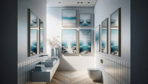 Petite salle de bain moderne avec tableaux aux tons froids et perspectives créant une illusion d'espace agrandi