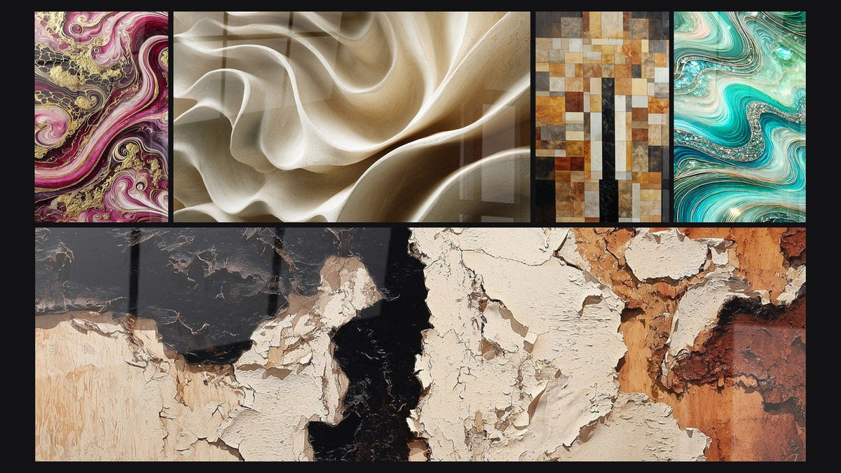 Mosaico di cinque quadri, tra cui Fiamme Porpora e Onde Cristalline