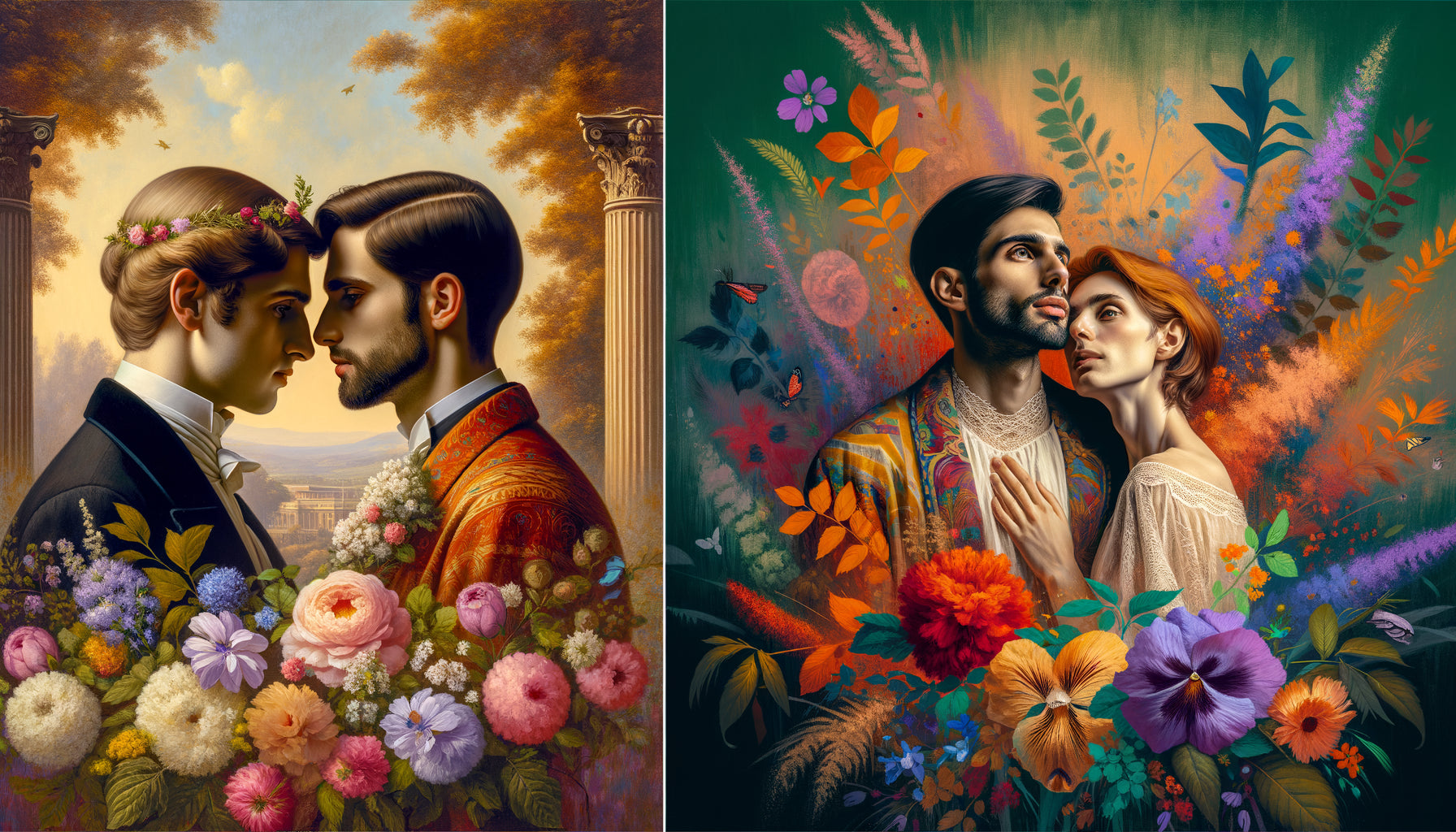 Comparaison visuelle entre tableau d'amour classique du 19ème siècle et représentation contemporaine d'amours diverses