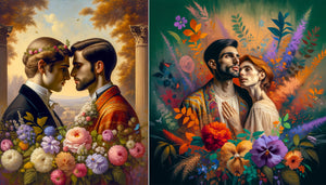 Comparaison visuelle entre tableau d'amour classique du 19ème siècle et représentation contemporaine d'amours diverses