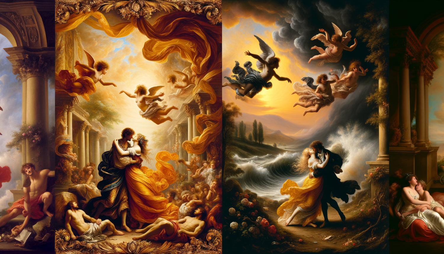 Comparaison visuelle entre scène d'amour baroque exubérante et romantique tourmentée du XIXe siècle