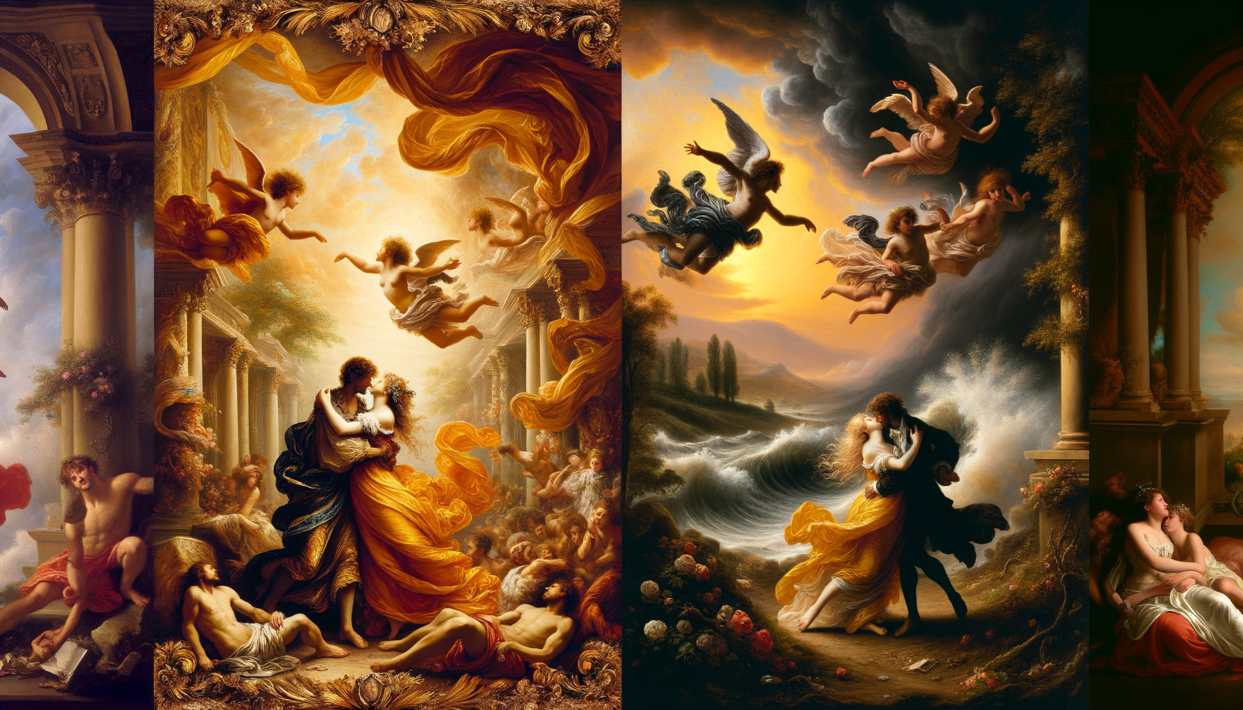 Comparaison visuelle entre scène d'amour baroque exubérante et romantique tourmentée du XIXe siècle