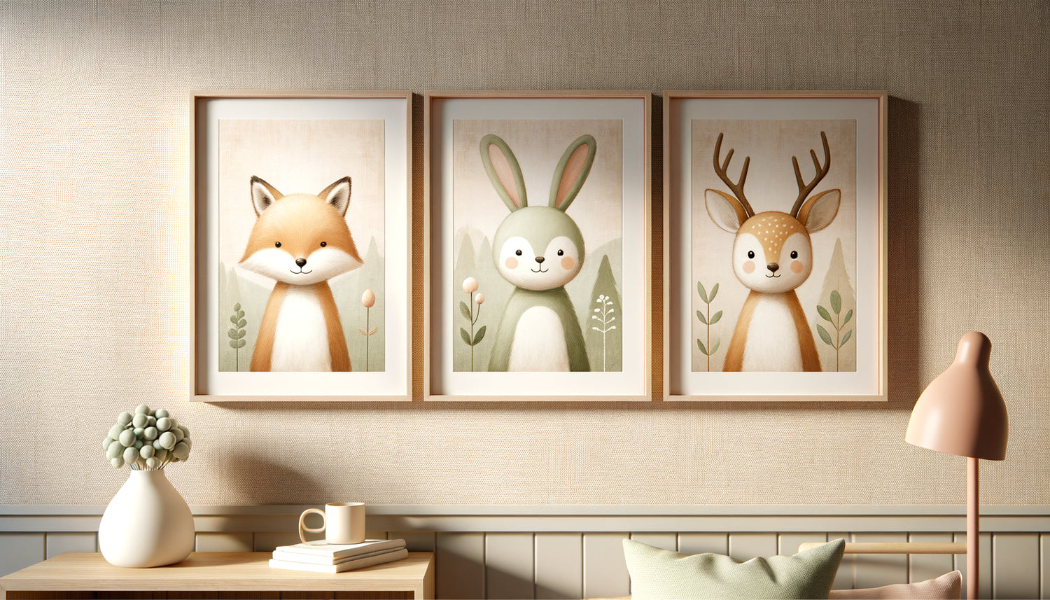 Tableaux muraux d'animaux mignons style aquarelle douce, décoration pédagogique Montessori pour chambre de tout-petits