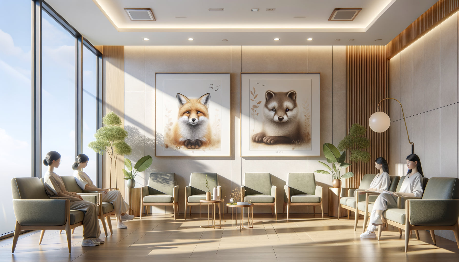 Salle d'attente médicale moderne avec tableaux d'animaux mignons au style aquarelle apaisant, ambiance professionnelle et chaleureuse