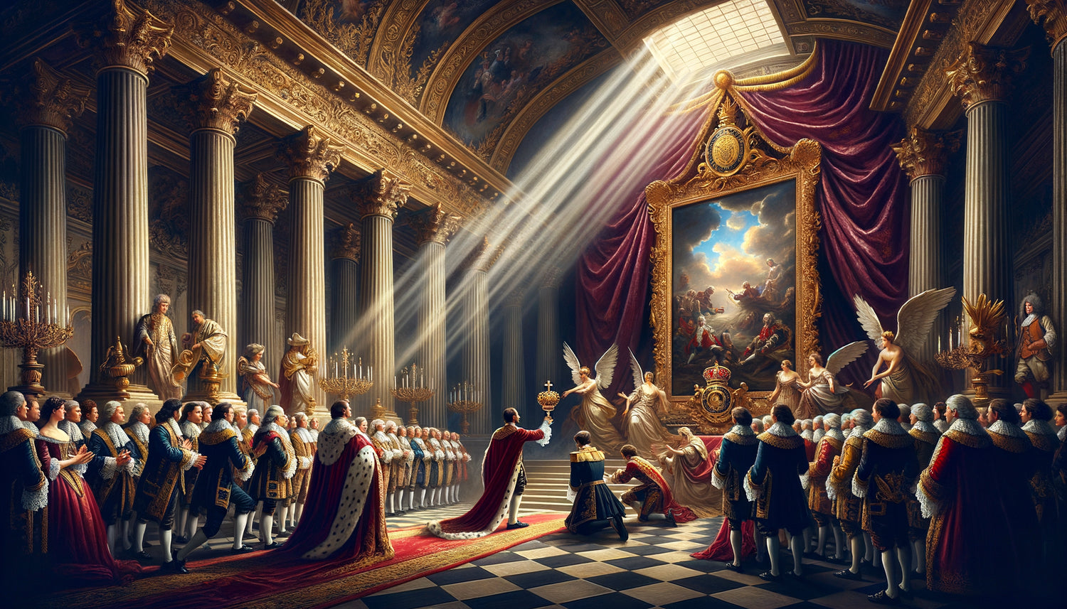 Scène baroque de cour royale 17e siècle montrant présentation cérémonielle d'un portrait monarchique lors d'anniversaire royal