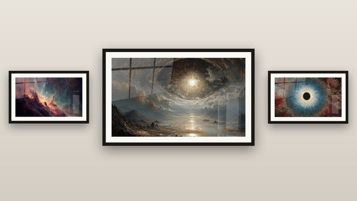 Gallery wall with three framed paintings: Spiral Galaxy Cosmic, Stellar Nebula and Cosmic Eye