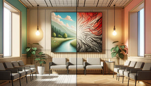 Comparaison visuelle entre tableau apaisant aux tons doux et tableau anxiogène aux contrastes agressifs en salle d'attente médicale