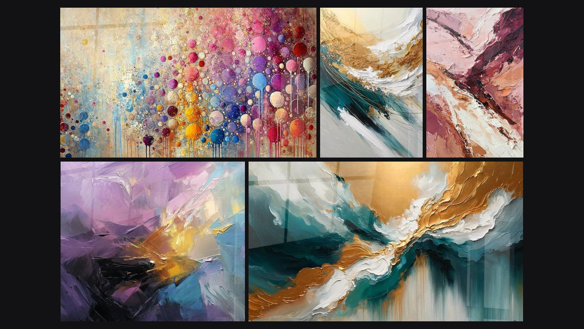 Mosaic of five paintings, including Mosaic Spheres, Golden Crest and Foam and Abstract colorful explosion