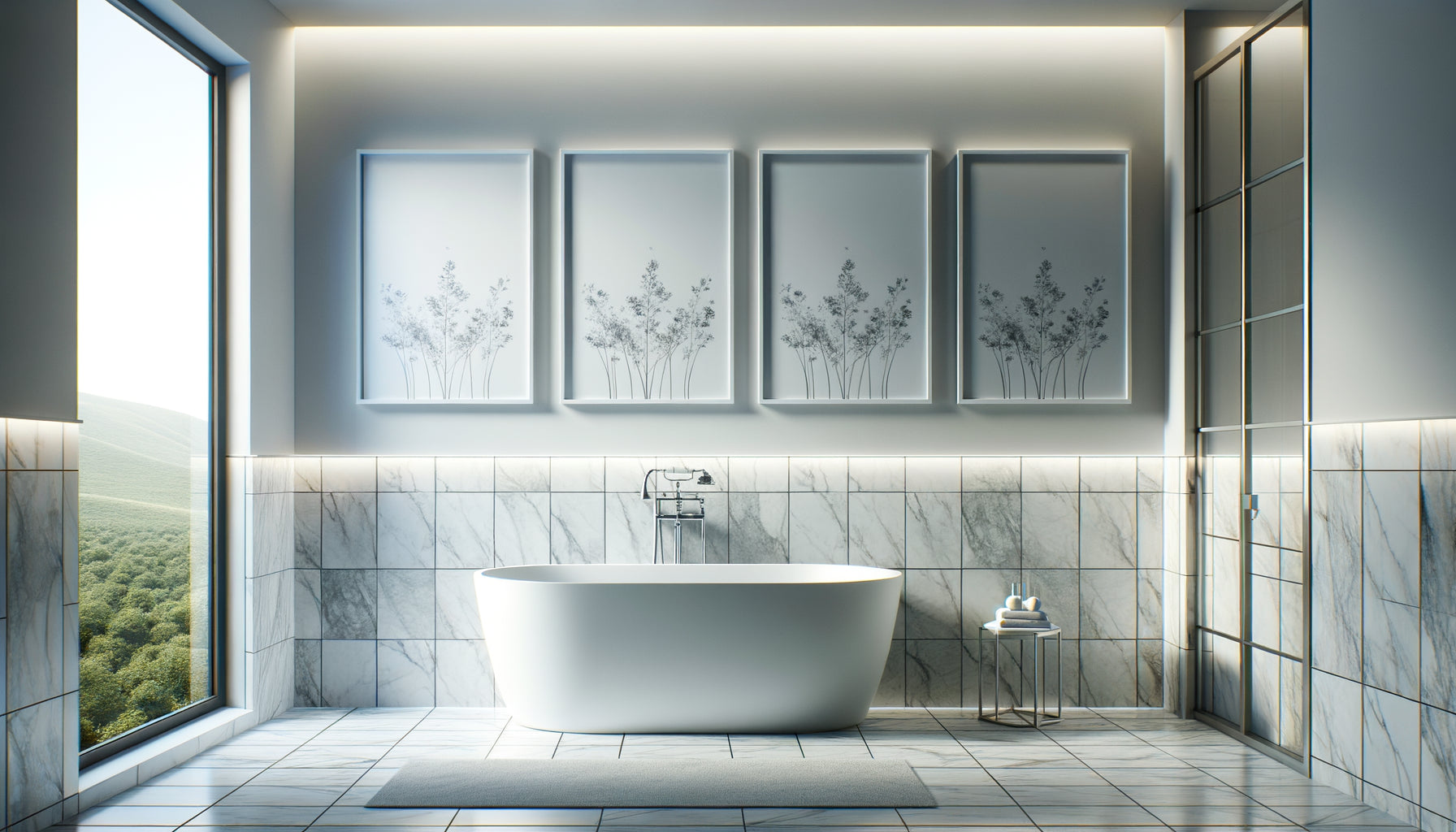 Salle de bains moderne avec baignoire blanche et trois tableaux waterproof encadrés installés au-dessus en toute sécurité