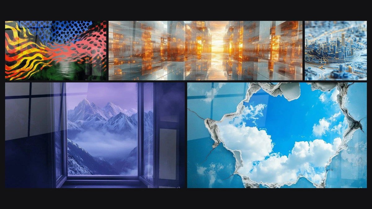 Mozaïek van vijf schilderijen, waaronder Kinetische energie optische golven, Berg Hoogtedroom en Hemelse venster afbeelding