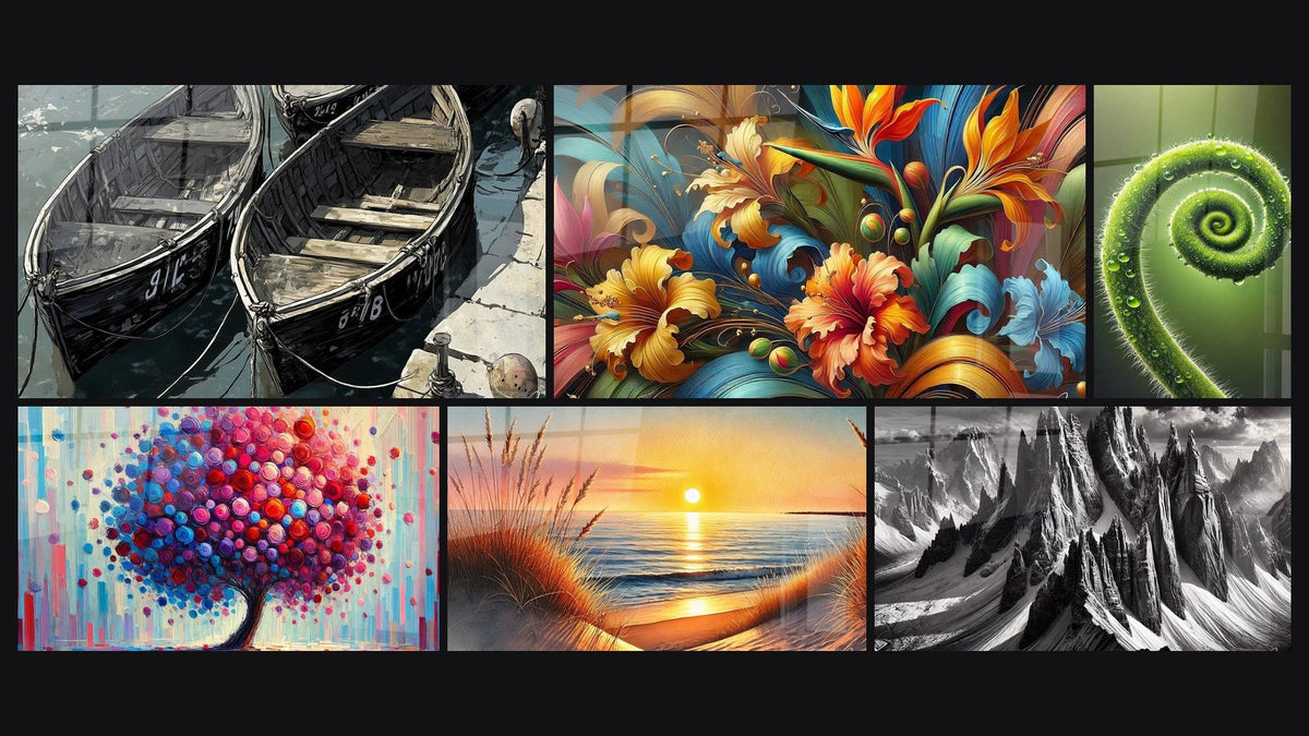 Mosaic of six paintings, including Joy Tree, Botanical Rhapsody and When the Day Falls Asleep