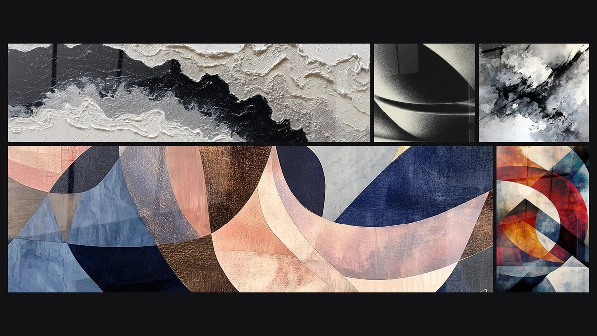 Mosaic of five paintings, including Abstract Sphere and Circular geometric shapes