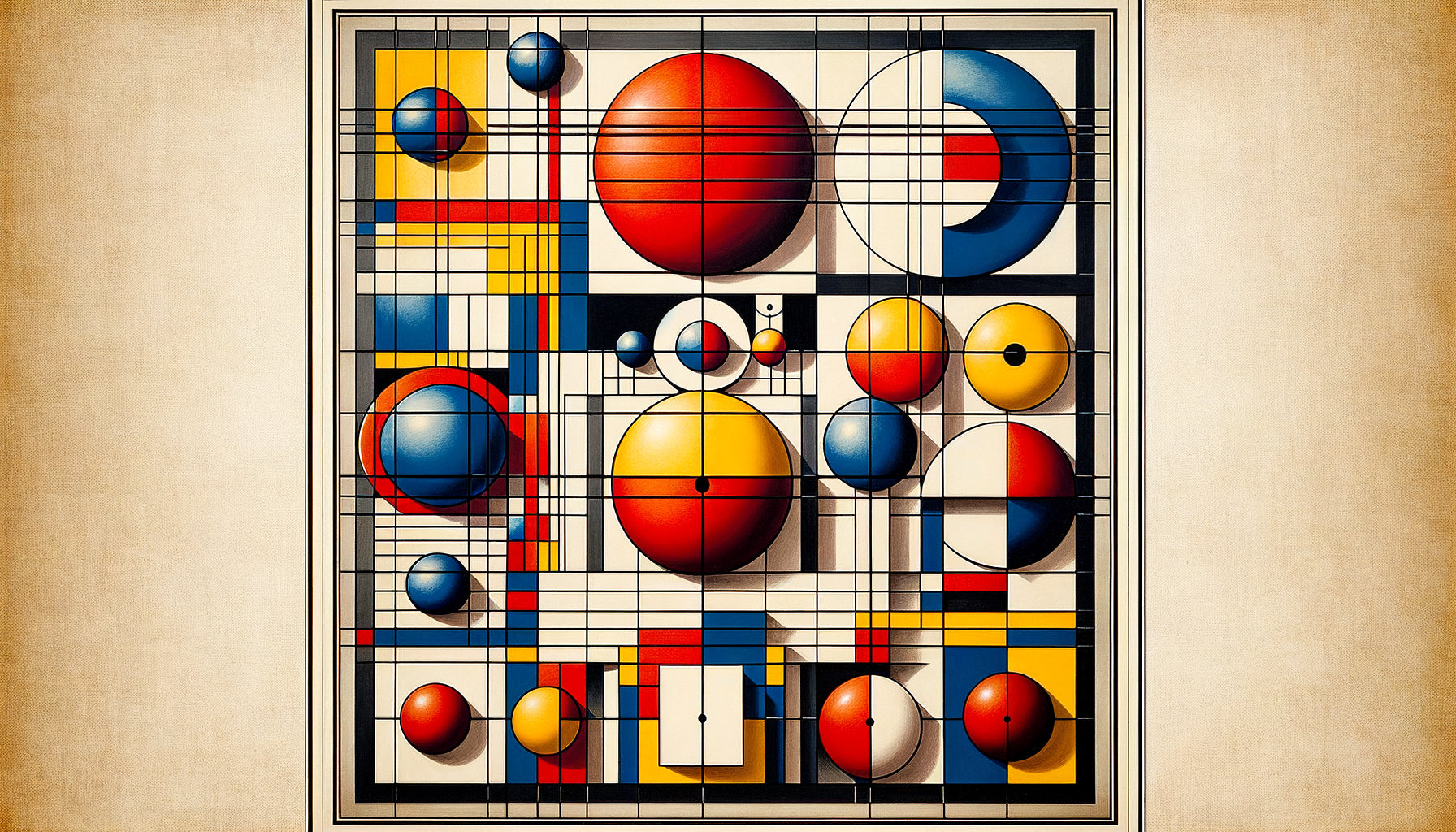 Composition géométrique Bauhaus années 1920 avec formes primaires, couleurs rouge bleu jaune et grilles noires