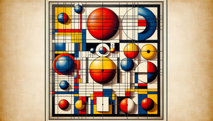 Composition géométrique Bauhaus années 1920 avec formes primaires, couleurs rouge bleu jaune et grilles noires