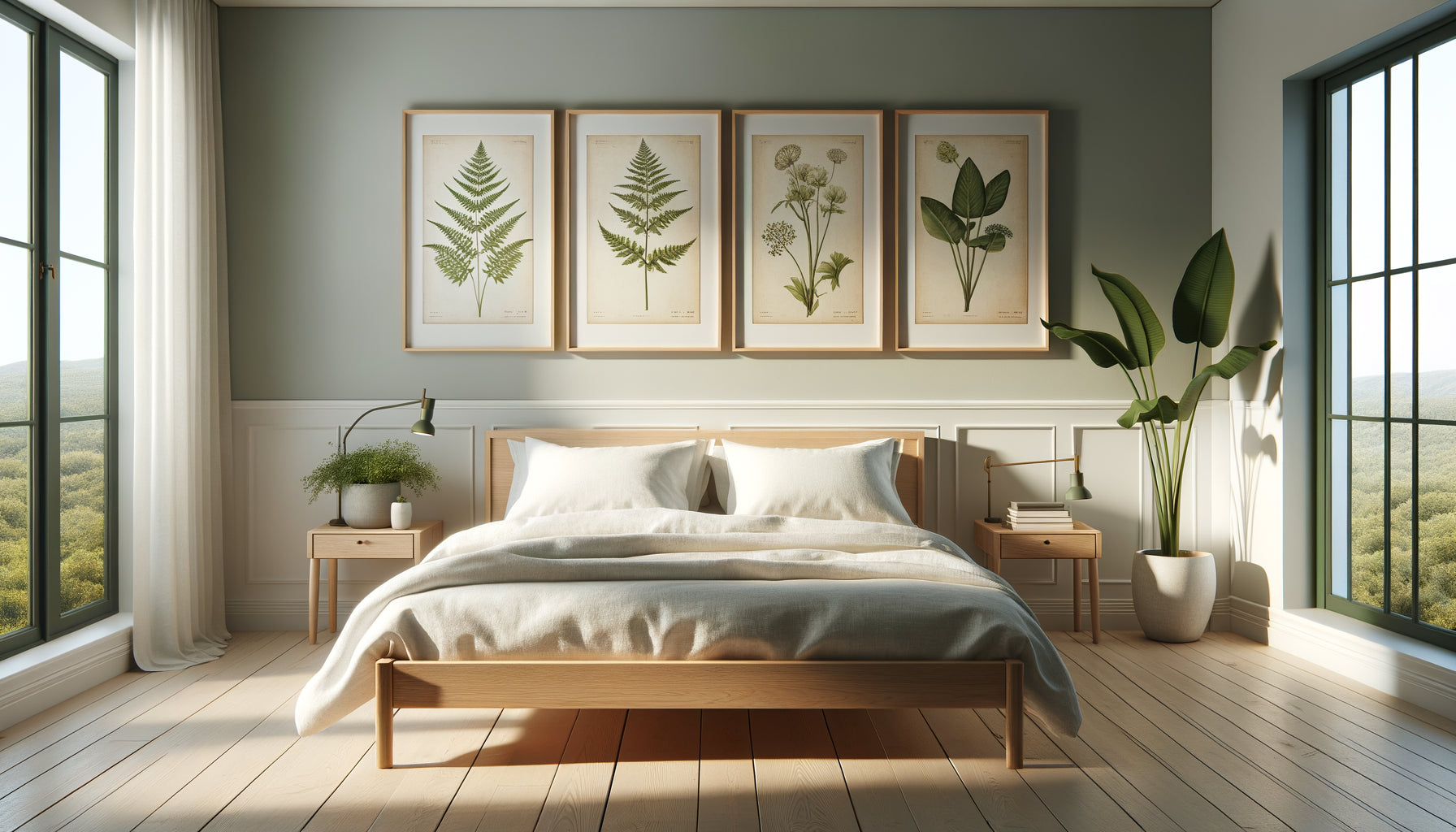 Chambre contemporaine minimaliste avec tableaux botaniques scientifiques vintage encadrés au-dessus du lit créant atmosphère apaisante naturelle