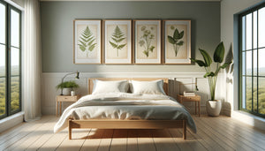 Chambre contemporaine minimaliste avec tableaux botaniques scientifiques vintage encadrés au-dessus du lit créant atmosphère apaisante naturelle