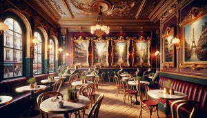 Intérieur de brasserie française avec tableaux encadrés dorés sur murs rouges, ambiance conviviale et élégante typique