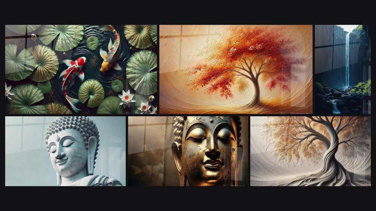 Mosaic of six paintings, including Divine Tranquility, Golden Silence and Breath of Earth