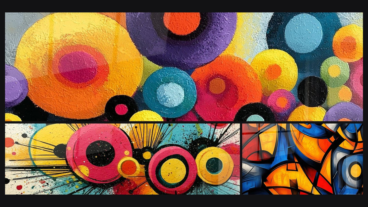 Mosaic of three paintings, including Circles in Pink and Yellow Splashes and Colored geometric shapes