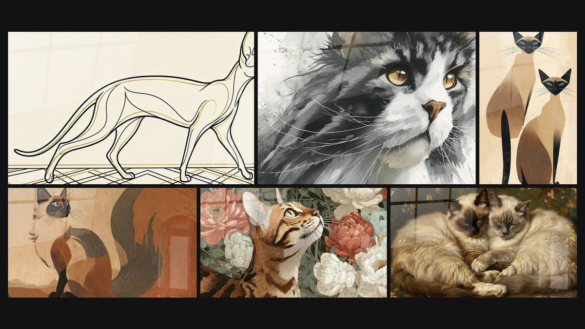 Mosaïque de six tableaux, dont Chat Cornish Rex Minimaliste, Chat Sibérien Aquarelle et Chat Somali Stylisé