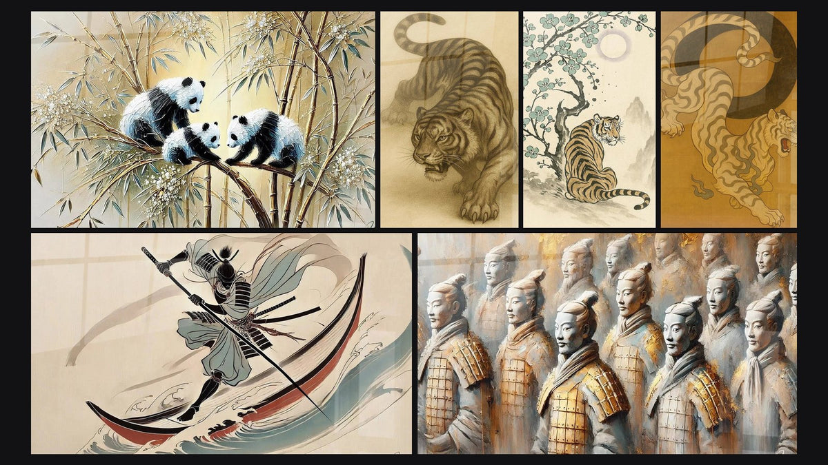 Mosaïque de six tableaux, dont Gardiens du Bambou et Silence Féroce -Édition Chinois Asia