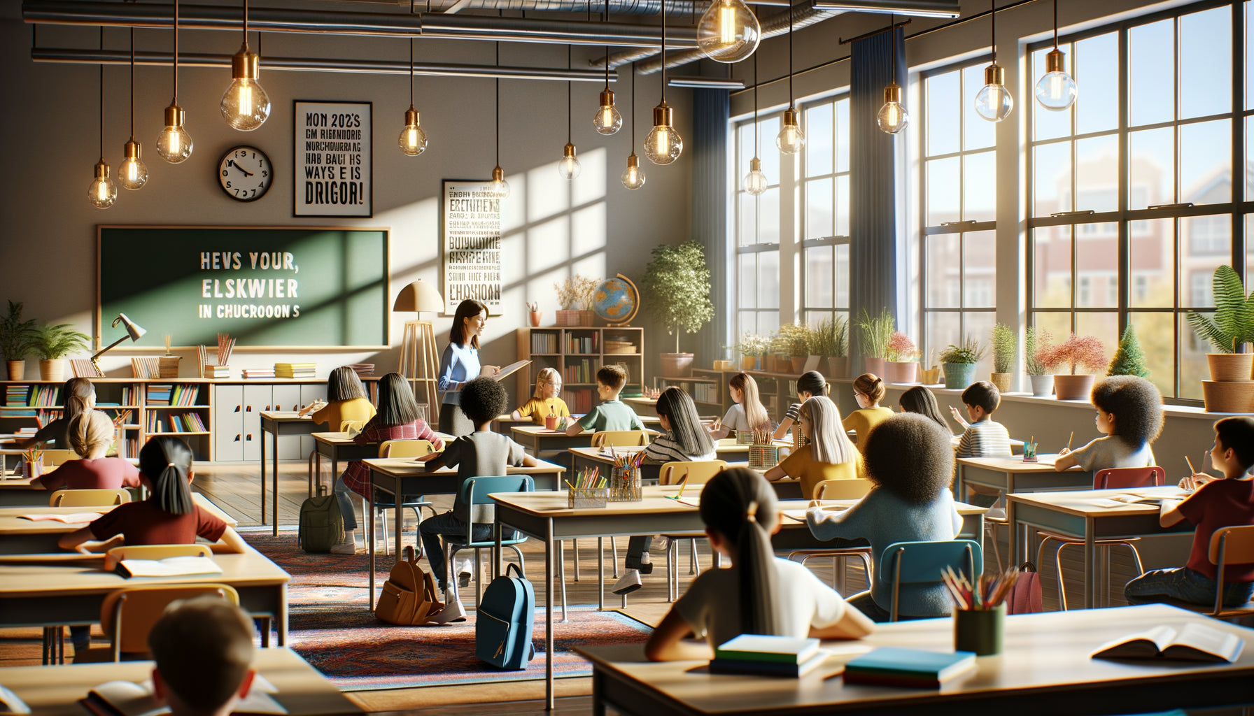 Salle de classe contemporaine avec élèves concentrés et tableaux motivants visibles sur les murs