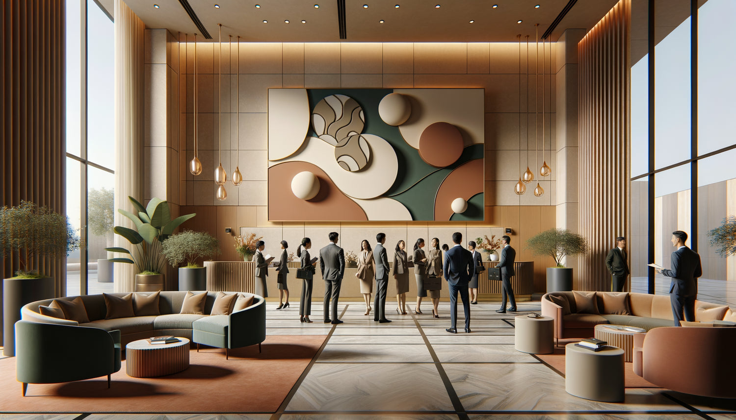 Espace d'accueil international contemporain avec clientèle multiculturelle admirant des tableaux abstraits aux codes visuels universels