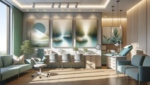 Vue intérieure d'un cabinet médical moderne avec tableaux coordonnés créant harmonie visuelle entre espaces