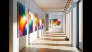 Couloir moderne aux murs blancs épurés avec tableaux abstraits colorés accrochés créant une galerie personnelle
