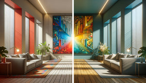 Comparaison visuelle d'un couloir avec tableaux saturés vs tableaux aux teintes apaisantes illustrant la fatigue visuelle