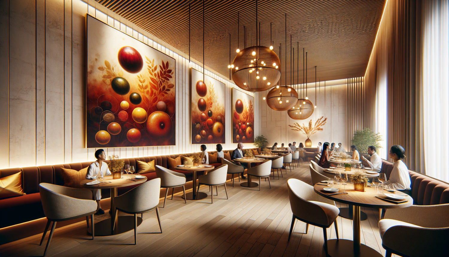 Restaurant moderne avec murs blancs décorés de tableaux abstraits aux couleurs chaudes stimulant l'appétit des clients