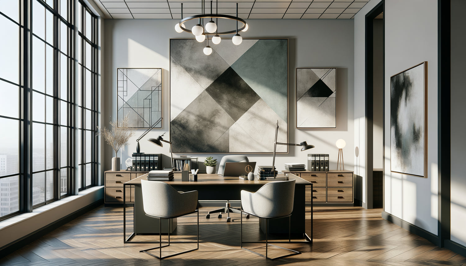 Bureau juridique contemporain avec tableaux abstraits aux teintes bleu-gris et vert désaturé favorisant la concentration professionnelle