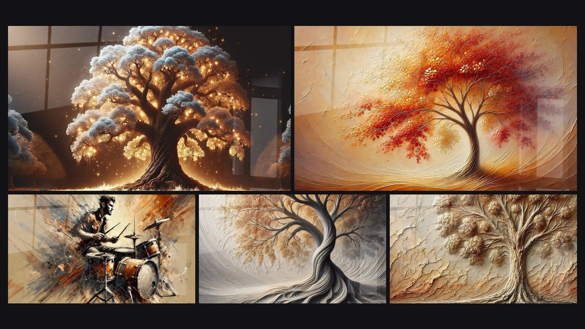 Mosaic of five paintings, including Night Tree, Drums Wall Art No. 2 and Breath of Earth