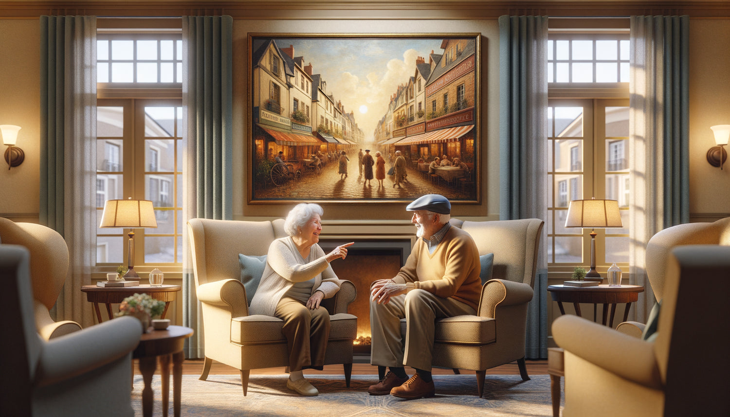 Résidents seniors conversant avec animation devant tableau évocateur dans salon chaleureux de résidence