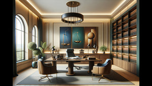 Intérieur de cabinet d'avocat avec murs beiges et tableaux aux couleurs stratégiques : bleu marine, vert forêt et terracotta