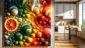 Tableaux abstraits aux couleurs vives rouge, orange et vert accrochés dans une cuisine moderne contemporaine