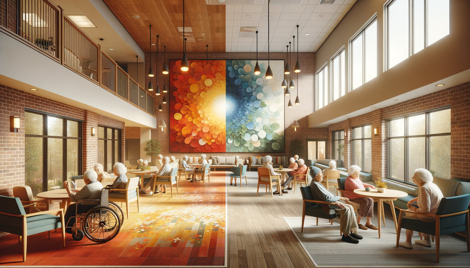 Espace de résidence seniors montrant tableaux aux couleurs vives et douces dans zones distinctes adaptées