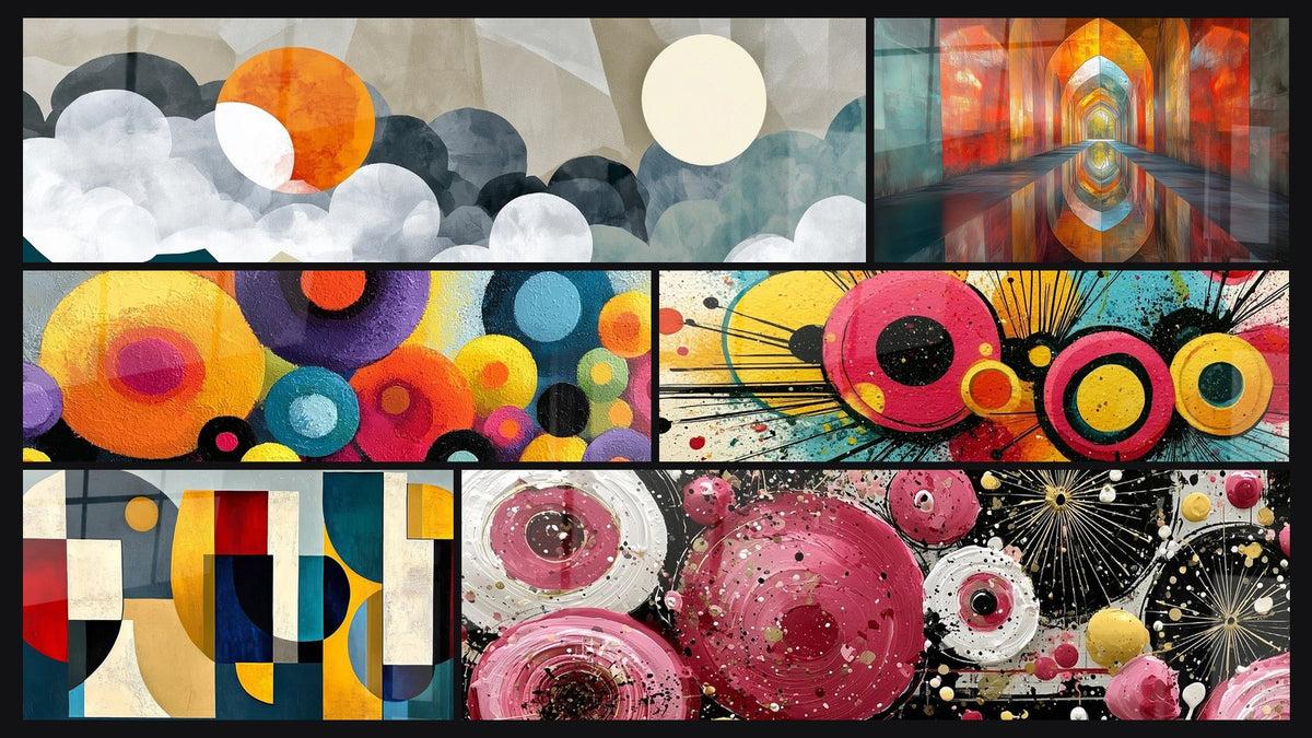 Mosaïque de six tableaux, dont Nuages orange et bleu marine deux soleils et Formes géométriques colorées
