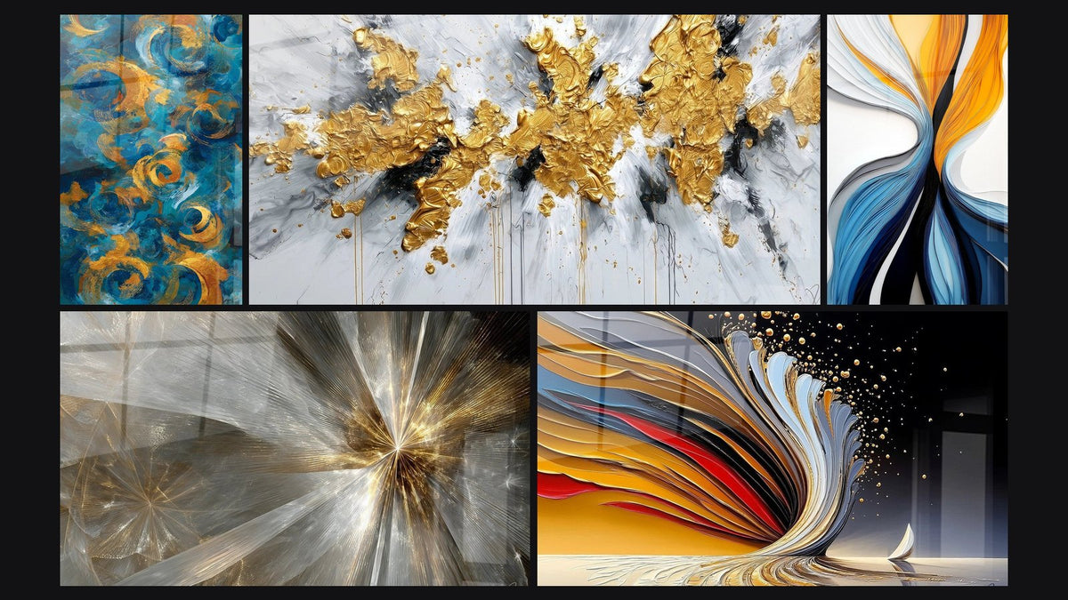 Mosaic of five paintings, including Golden Swirls, Golden Luminous Rays and Golden Dynamic Swirl