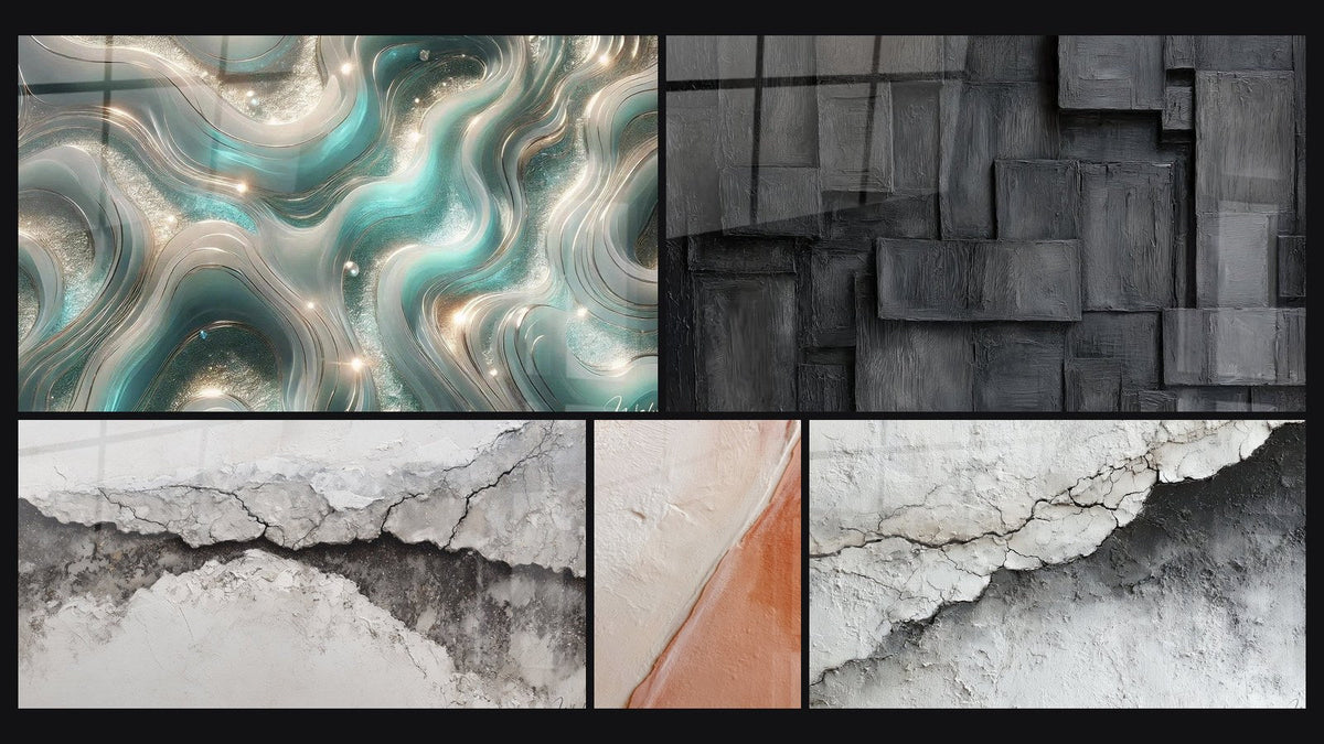 Mosaic of five paintings, including Shimmering Waves and Textured Diagonal White and Brick