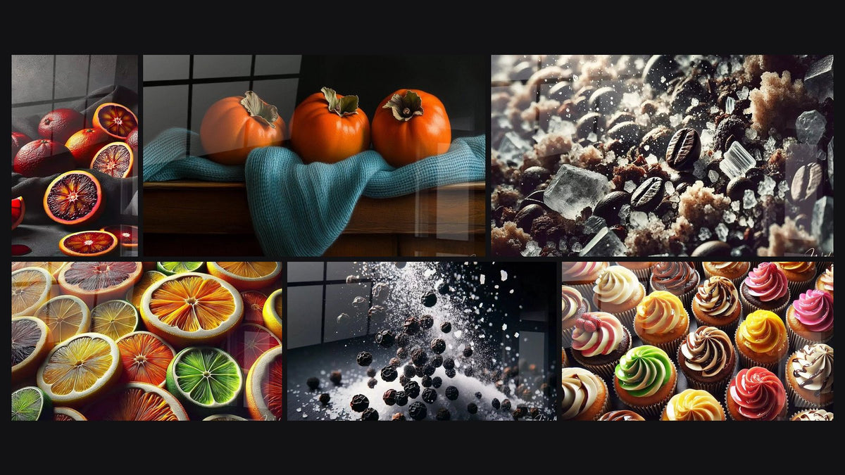 Mosaico de seis cuadros, entre ellos Resplandor Sanguíneo, Caqui N°1 y Explotes Deliciosos