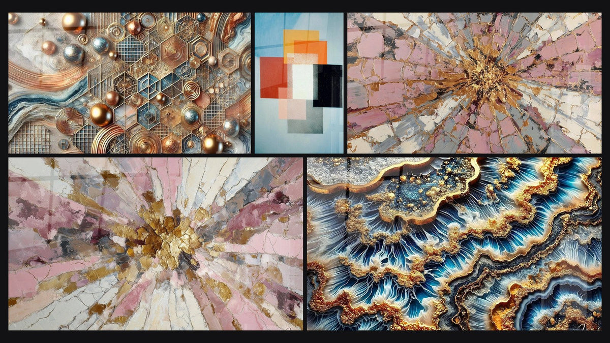 Mosaico di cinque quadri, tra cui Mosaico di Rame, Forme Geometriche Contrasto Funzionale e Marea Dorata