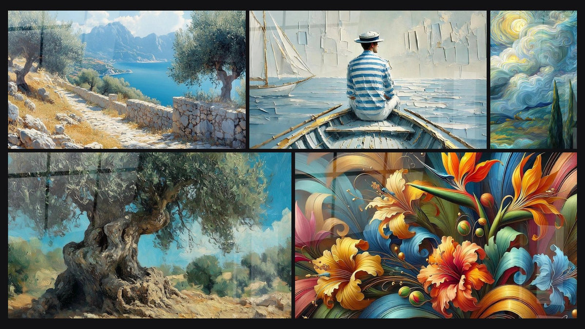 Mosaïque de cinq tableaux, dont Sentier d'Olivier, Olivier Millénaire et L’Art de l’Eau