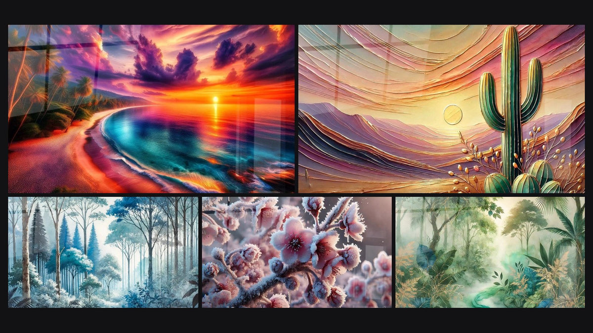 Mosaico de cinco cuadros, entre ellos Crepúsculo Flamígero en la Orilla del Mar, Bosque Silencioso y Crepúsculo del Desierto