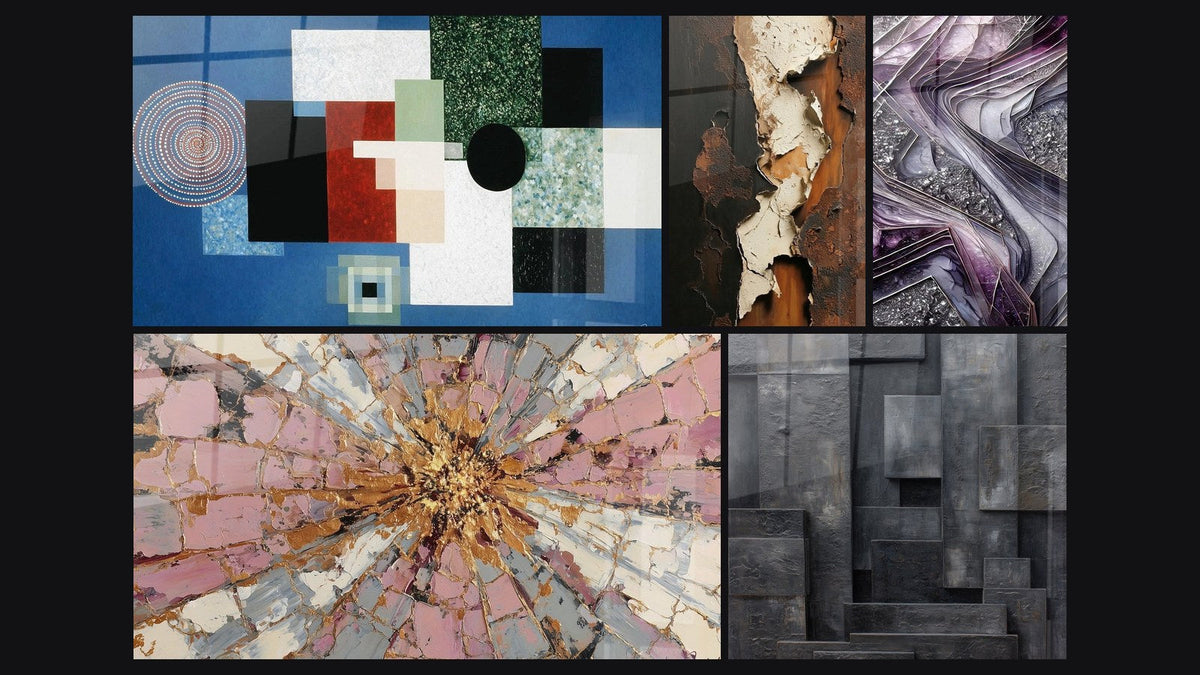 Mosaico de cinco cuadros, entre ellos Composición Geométrica Orden Racional y Explosión Rosa y Oro con Centro Radiante