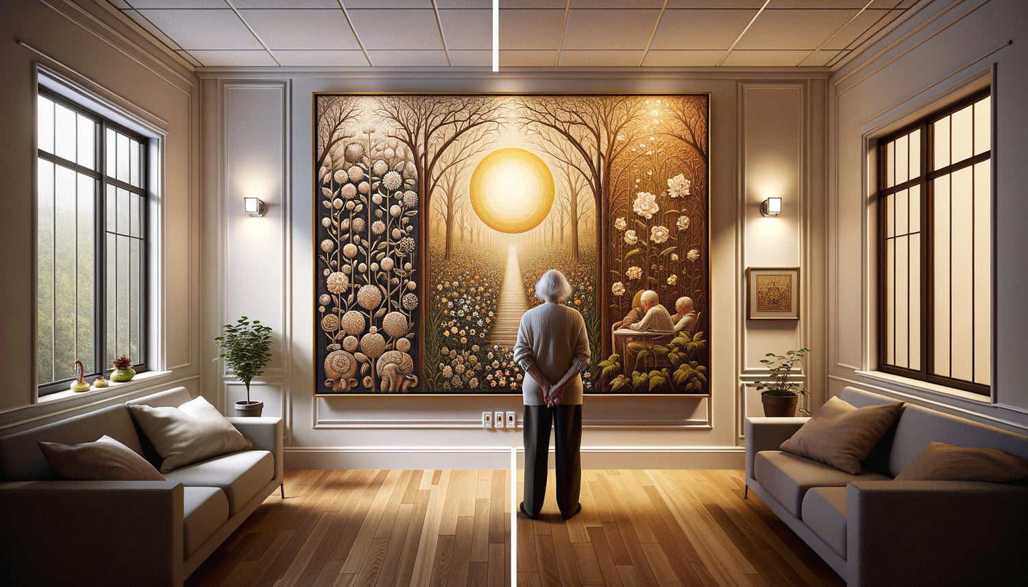Comparaison visuelle entre tableau surchargé de détails et œuvre simple dans résidence seniors illustrant fatigue oculaire