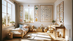 Chambre d'enfant moderne avec tableaux éducatifs muraux : alphabet illustré, chiffres colorés et carte géographique